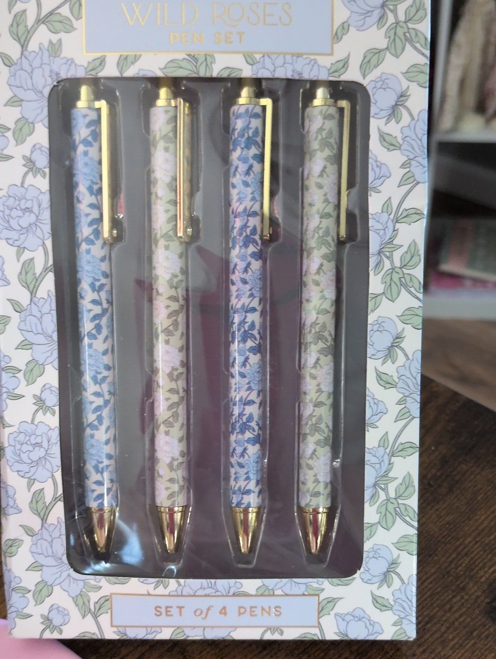 Wild Rose Floral Pen Set – Pastel Blue, Green (Set of 4)